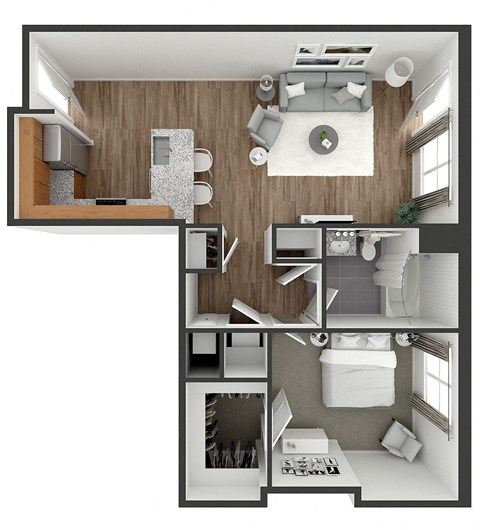 Floor plan for 1 bed, 1 bath, 740 sqft